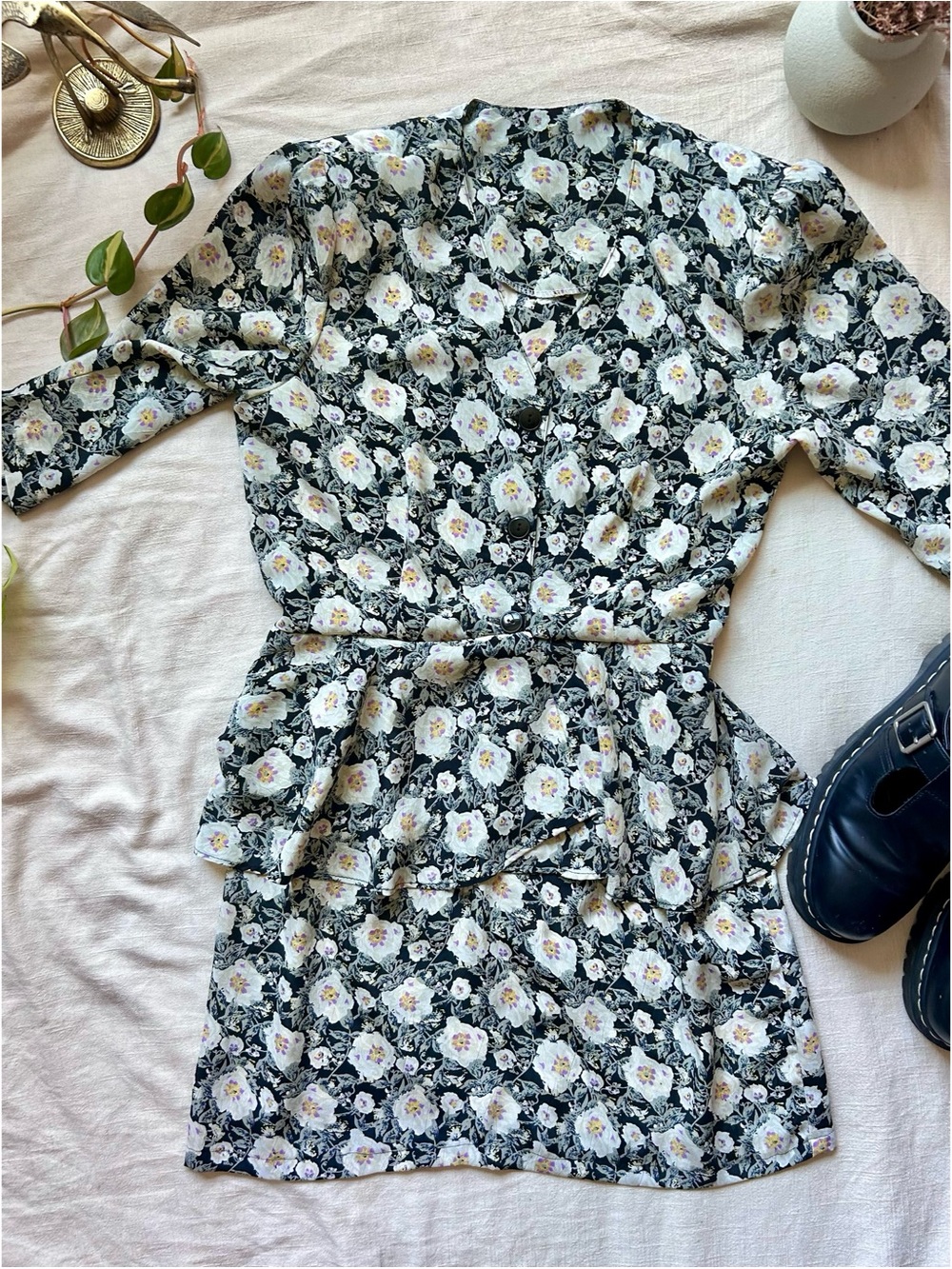 Vintage Grandmacore Floral Black & White Button-Front Mini Dress
